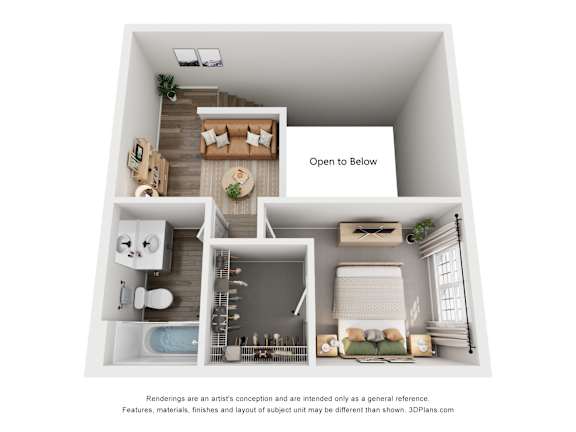 A 3D floor plan of a small apartment with a living room, kitchen, and bathroom.