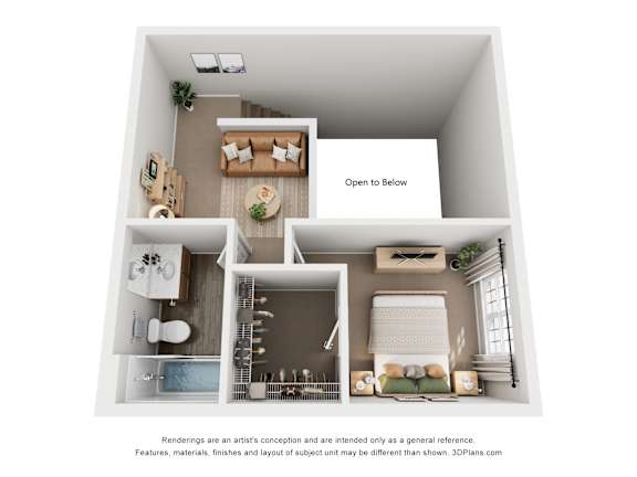 A 3D floor plan of a small apartment with a kitchen, living room, and bathroom.