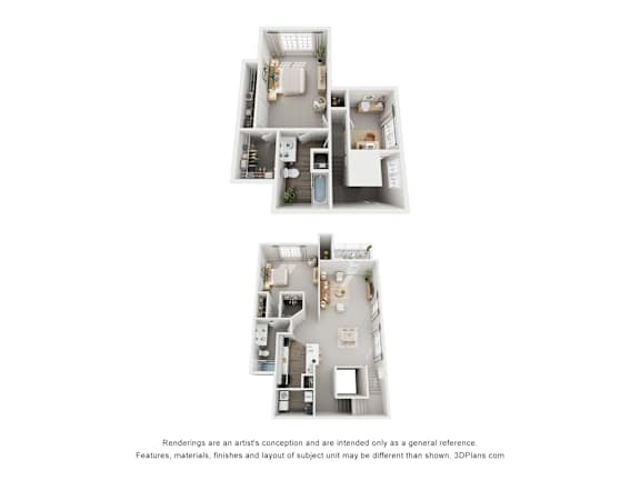 Two images of a house layout with a kitchen, living room, and bedrooms.