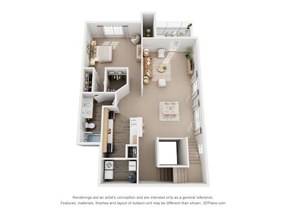 A 3D floor plan of a small apartment with a kitchen, living room, and bedroom.