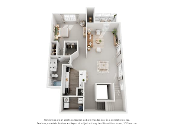 A 3D floor plan of a small apartment with a kitchen, living room, and bathroom.
