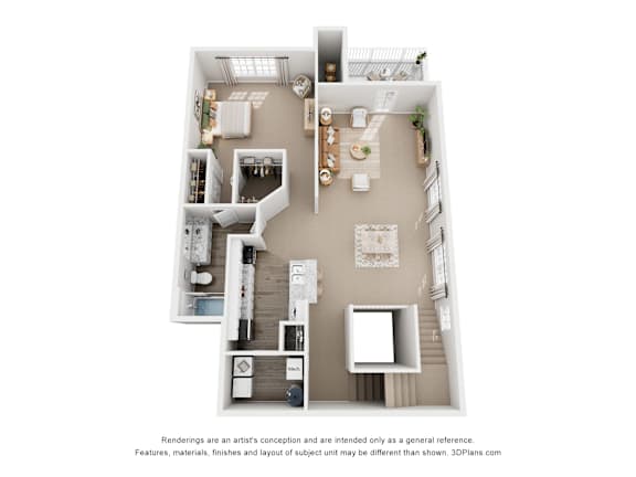 A 3D floor plan of a house with a kitchen, living room, and two bedrooms.