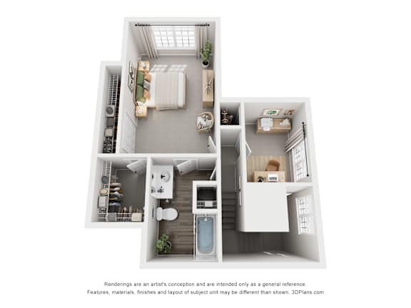 A 3D floor plan of a small apartment with a kitchen, living room, and bathroom.