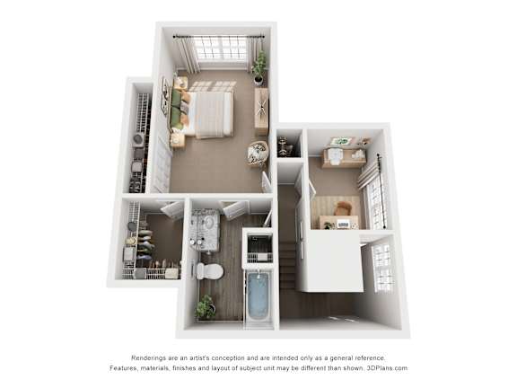 A 3D floor plan of a house with a kitchen, living room, dining room, and bathroom.