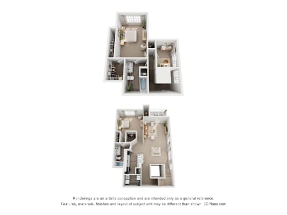 Two images of a house layout with a kitchen, living room, and bedrooms.