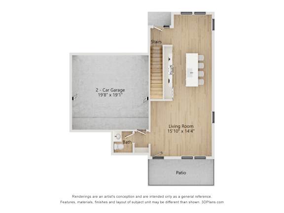 A floor plan of a house with a living room, car garage, and bath.