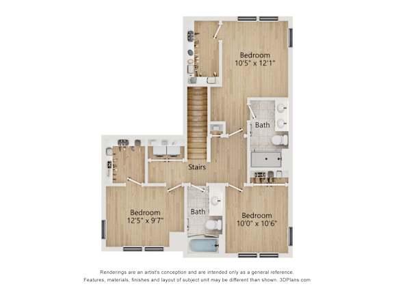 A 3D floor plan of a house with three bedrooms, a bathroom, and a kitchen.