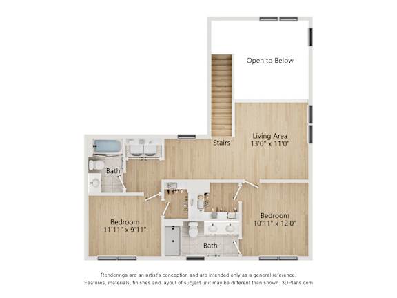 A diagram of a house layout with two bedrooms, a living area, and stairs leading to an open-to-below space.
