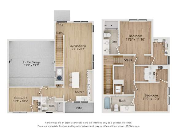 A floor plan of a house with two bedrooms, a living area, a kitchen, a garage and a patio.