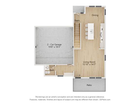 A floor plan of a house with a living room, dining area, stairs, bathroom, and two garages.