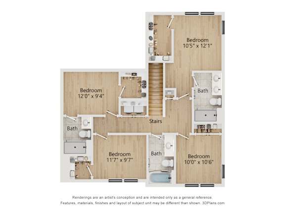 A floor plan of a house with four bedrooms and a bathroom.