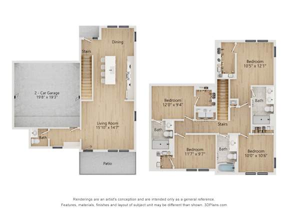 A floor plan of a house with two bedrooms, a living room, a dining room, a car garage, and a patio.