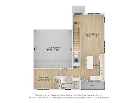 A floor plan of a house with a living room, kitchen, two bedrooms, a garage, and a patio.