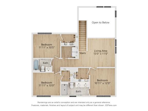 A diagram of a house layout with two bedrooms, a bathroom, a living area, and stairs.