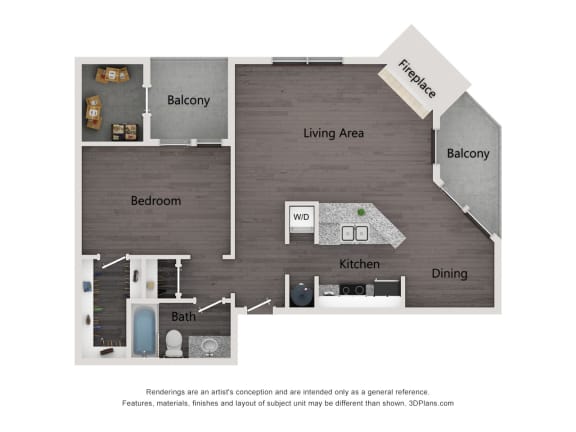 The Addison at Southfield A2 one bedroom apartment floor plan