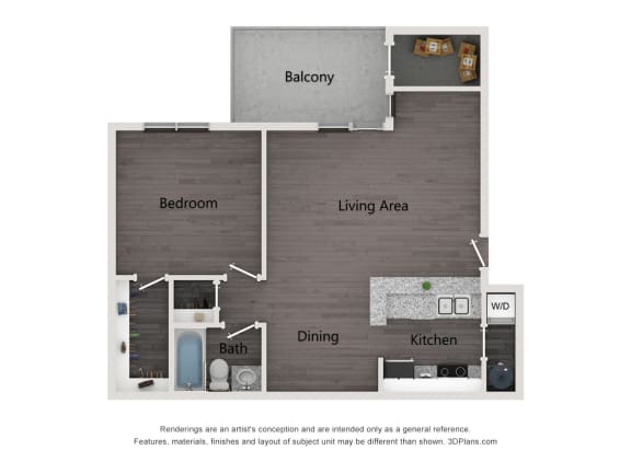 The Addison at Southfield A1 one bedroom apartment floor plan