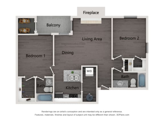 The Addison at Southfield B2 two bedroom apartment floor plan
