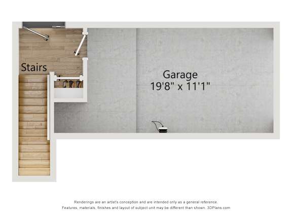 A staircase and a garage are shown in the image.