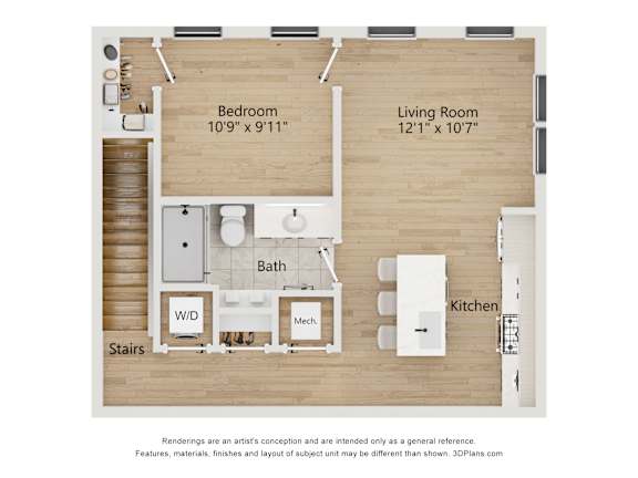 A floor plan of a small apartment with a bedroom, living room, kitchen, bathroom, and stairs.