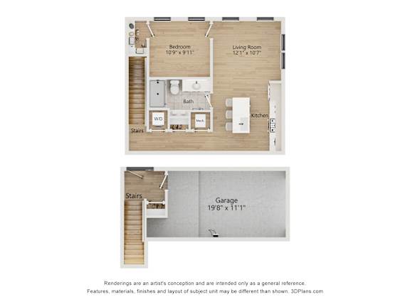 Floor Plan  A floor plan of a house with a living room, kitchen, bath, and stairs.