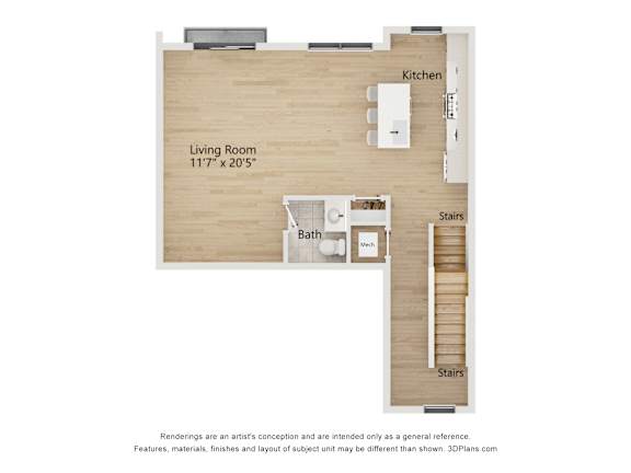 A floor plan of a living space with a living room, kitchen, and stairs.