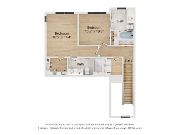 A floor plan of a house with two bedrooms and a bathroom.