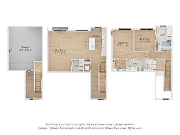 Floor Plan  A floor plan of a house with a garage, living room, kitchen, and two bedrooms.