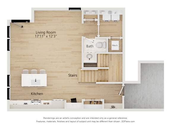 A floor plan of a house with a living room, kitchen, bathroom and stairs.