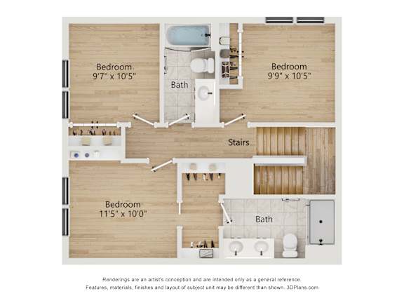 A floor plan of a house with three bedrooms and a bathroom.