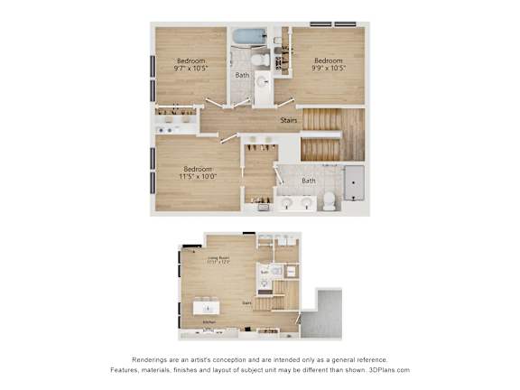 Floor Plan  A floor plan of a house with three bedrooms and a living room.