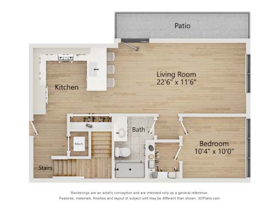 A floor plan of a small apartment with a kitchen, living room, bathroom, and bedroom.