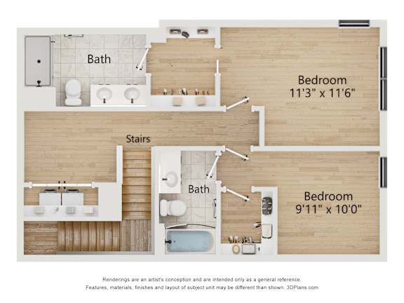 A floor plan of a home with two bedrooms, a bathroom, and a staircase.