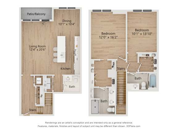 A floor plan of a two bedroom apartment with a living room, kitchen, and bathroom.