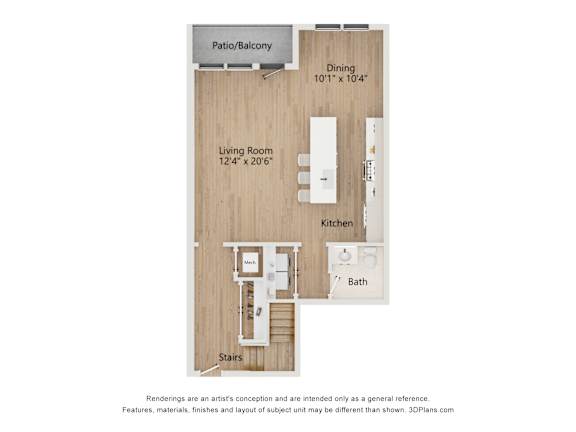 A 3D floor plan of a small apartment with a living room, kitchen, bath, and stairs leading to a patio.