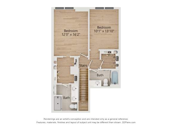 A floor plan of a small apartment with two bedrooms, a bathroom, and a staircase.