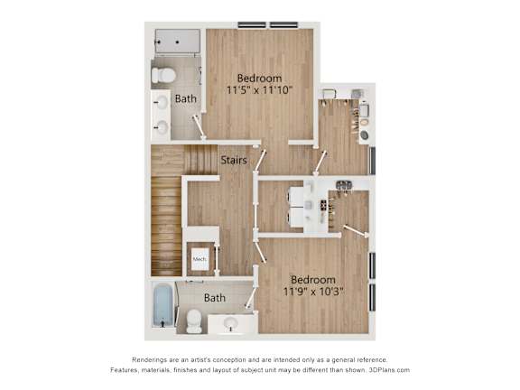 A 3D floor plan of a house with two bedrooms, a bathroom, a kitchen, and a living room.