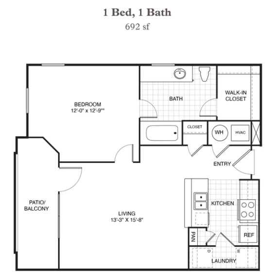 a floor plan of a 1 bed 1 bath floor plan with an open floor
