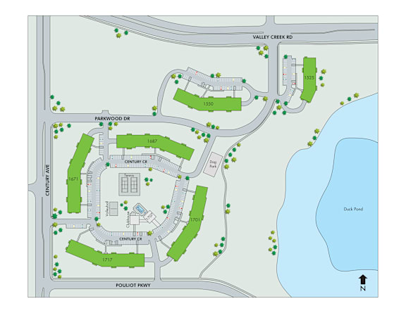 A map shows a layout of a property with a pond and a centrally located building.