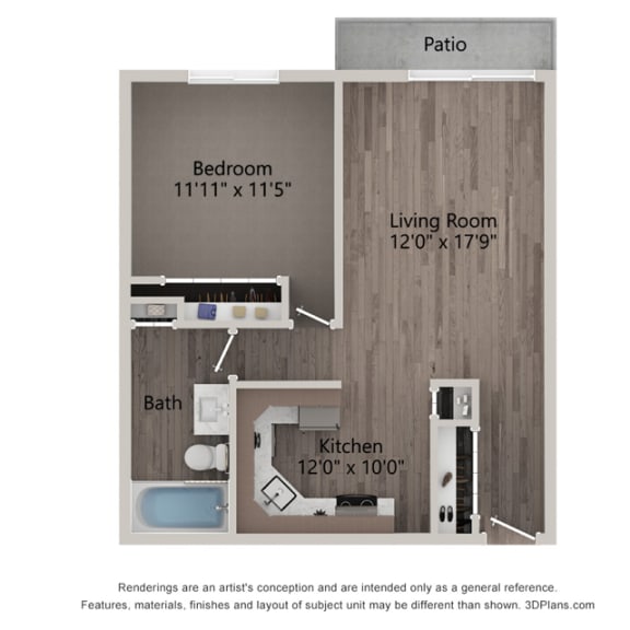 Lily One Bedroom One Bathroom Floor Plan  at Willow Crossing, Illinois