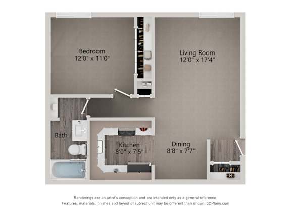 Floor Plan  A floor plan of a small apartment with a bedroom, living room, kitchen, dining area and bathroom.
