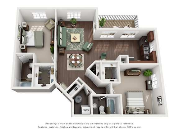 A 3D floor plan of a house with a kitchen, living room, and bathroom.