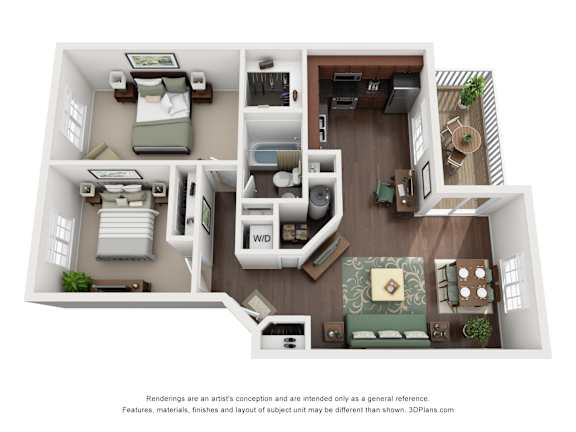 A 3D floor plan of a house with a kitchen, living room, and two bedrooms.
