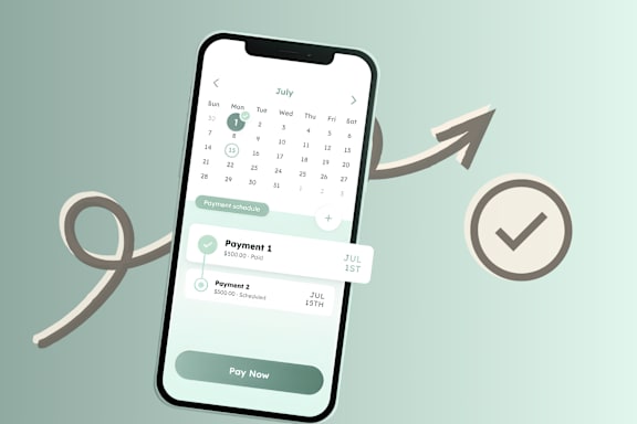 A smartphone displaying a payment schedule with a "Pay Now" button.