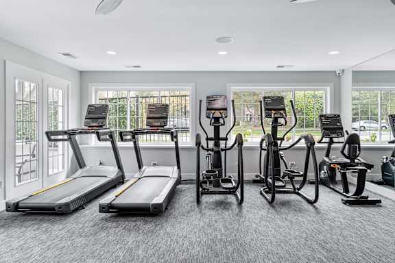 A gym with treadmills, elliptical machines, and stationary bikes.