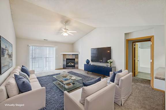 A living room with a fireplace and a television.