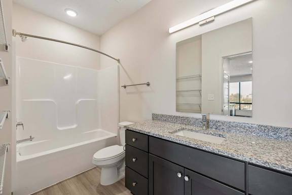 Bathroom with granite vanity, dark cabinetry, large mirror, and a shower-tub combination.