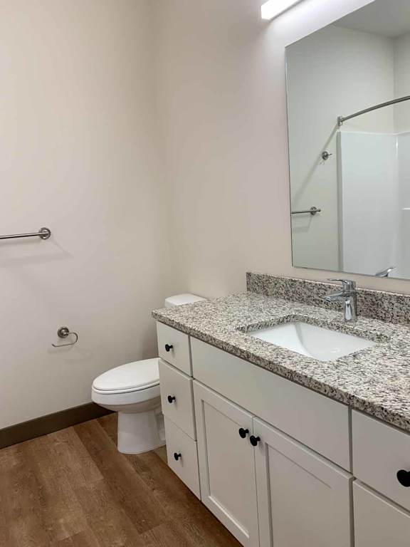 a bathroom with a vanity sink, mirror, and toilet