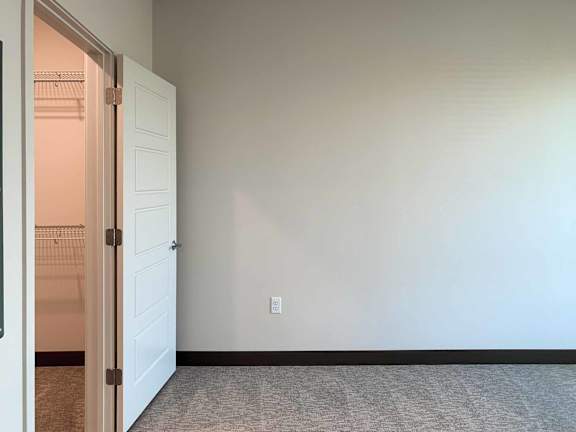 a bedroom with a walk-in closet and built-in shelving