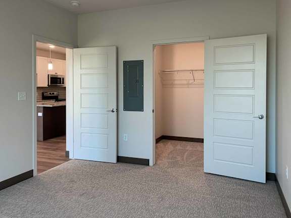 a bedroom with a walk-in closet and door to the living room