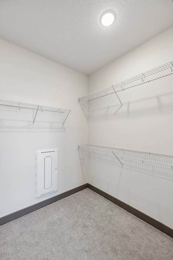 Spacious apartment walk-in closet with carpeted flooring, wraparound wire shelving, hanging space, and overhead lighting.